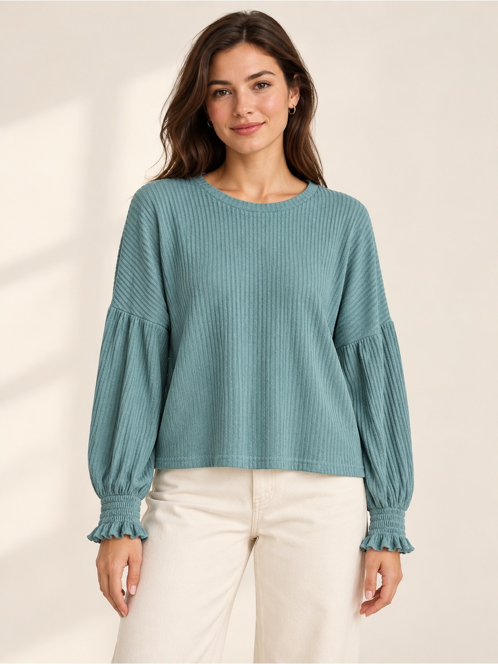Ribbed Puff-Sleeve Sweatshirt in Teal